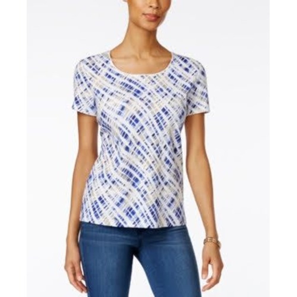 Charter Club Petite Short Sleeve Abstract Print Top Orchid Blue Tan PM